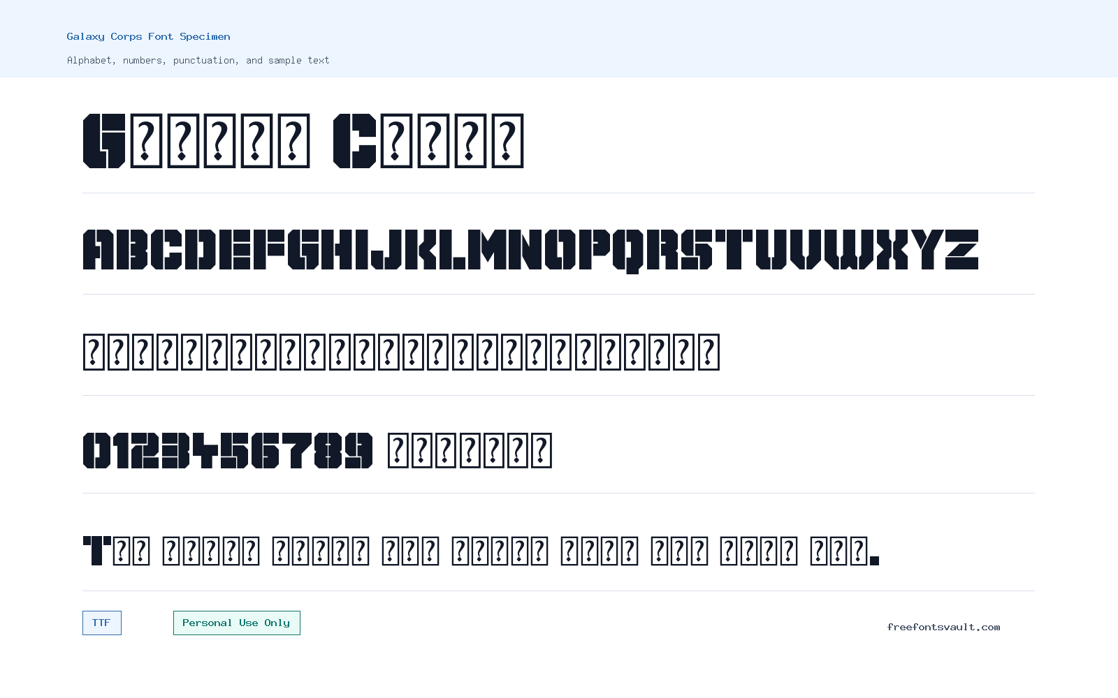 Galaxy Corps font specimen showing alphabet, numbers, and sample text