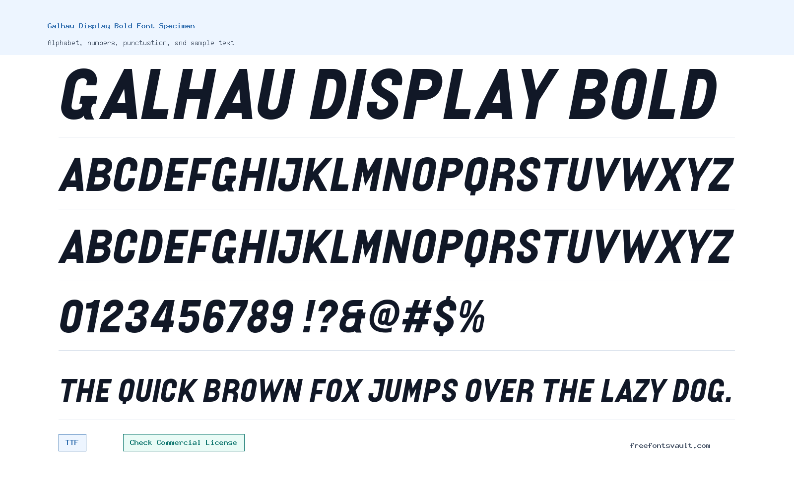 Galhau Display Bold font specimen showing alphabet, numbers, and sample text