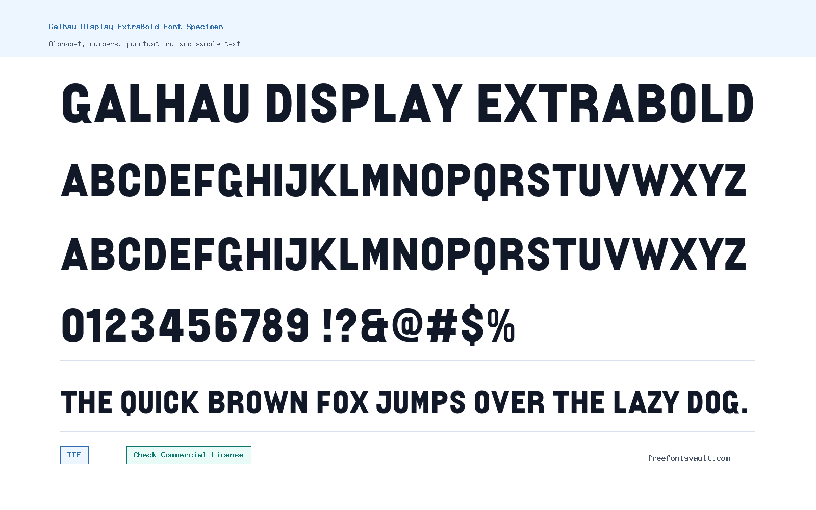 Galhau Display ExtraBold font specimen showing alphabet, numbers, and sample text