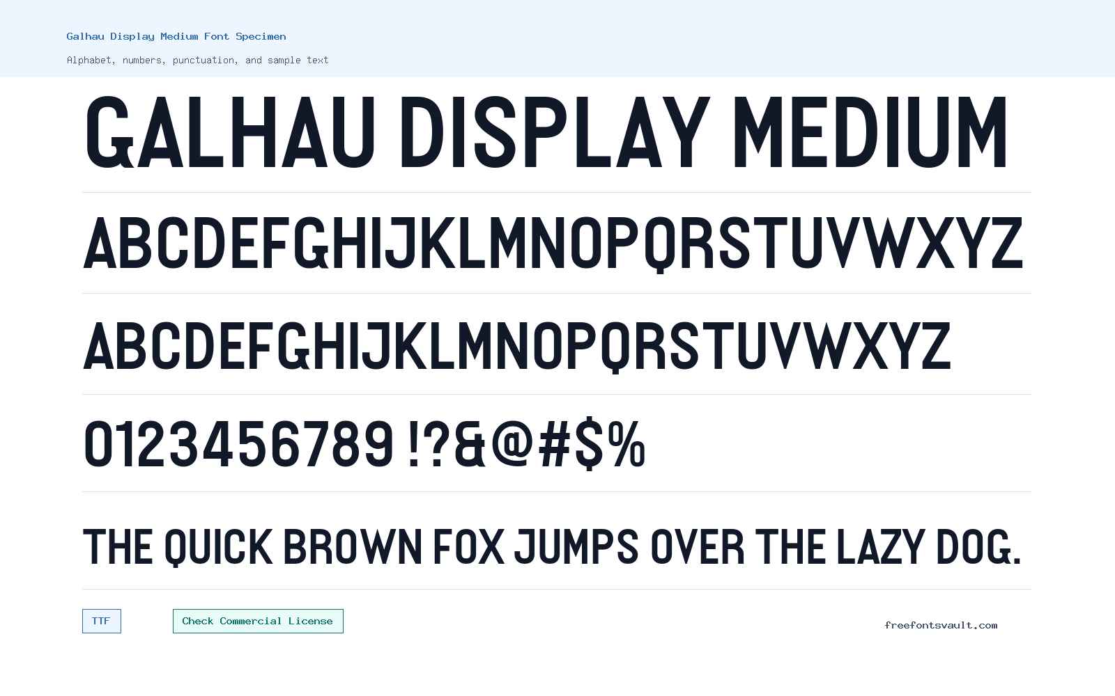 Galhau Display Medium font specimen showing alphabet, numbers, and sample text