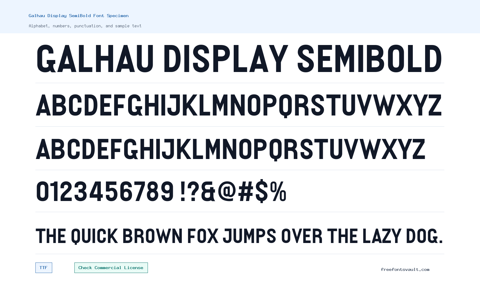 Galhau Display SemiBold font specimen showing alphabet, numbers, and sample text