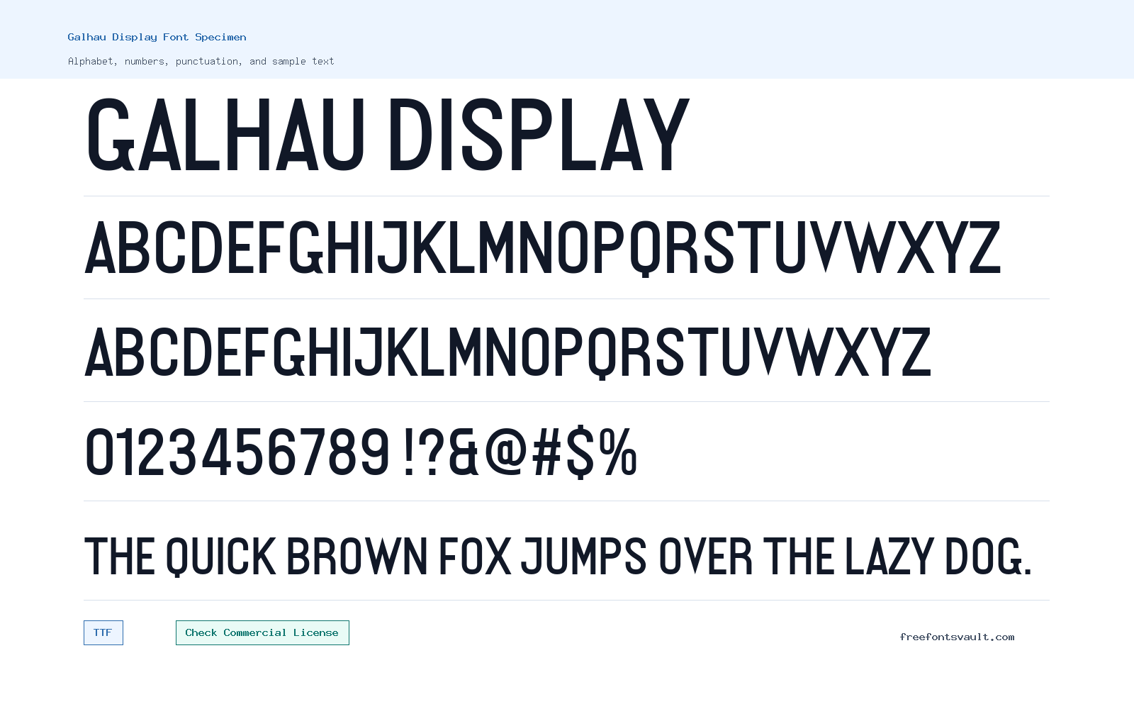 Galhau Display font specimen showing alphabet, numbers, and sample text