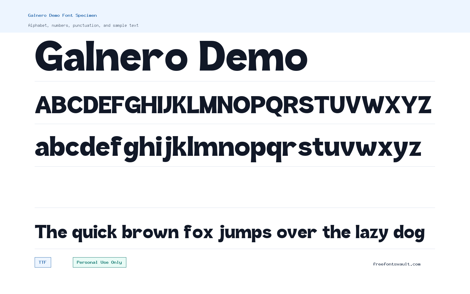 Galnero Demo font specimen showing alphabet, numbers, and sample text