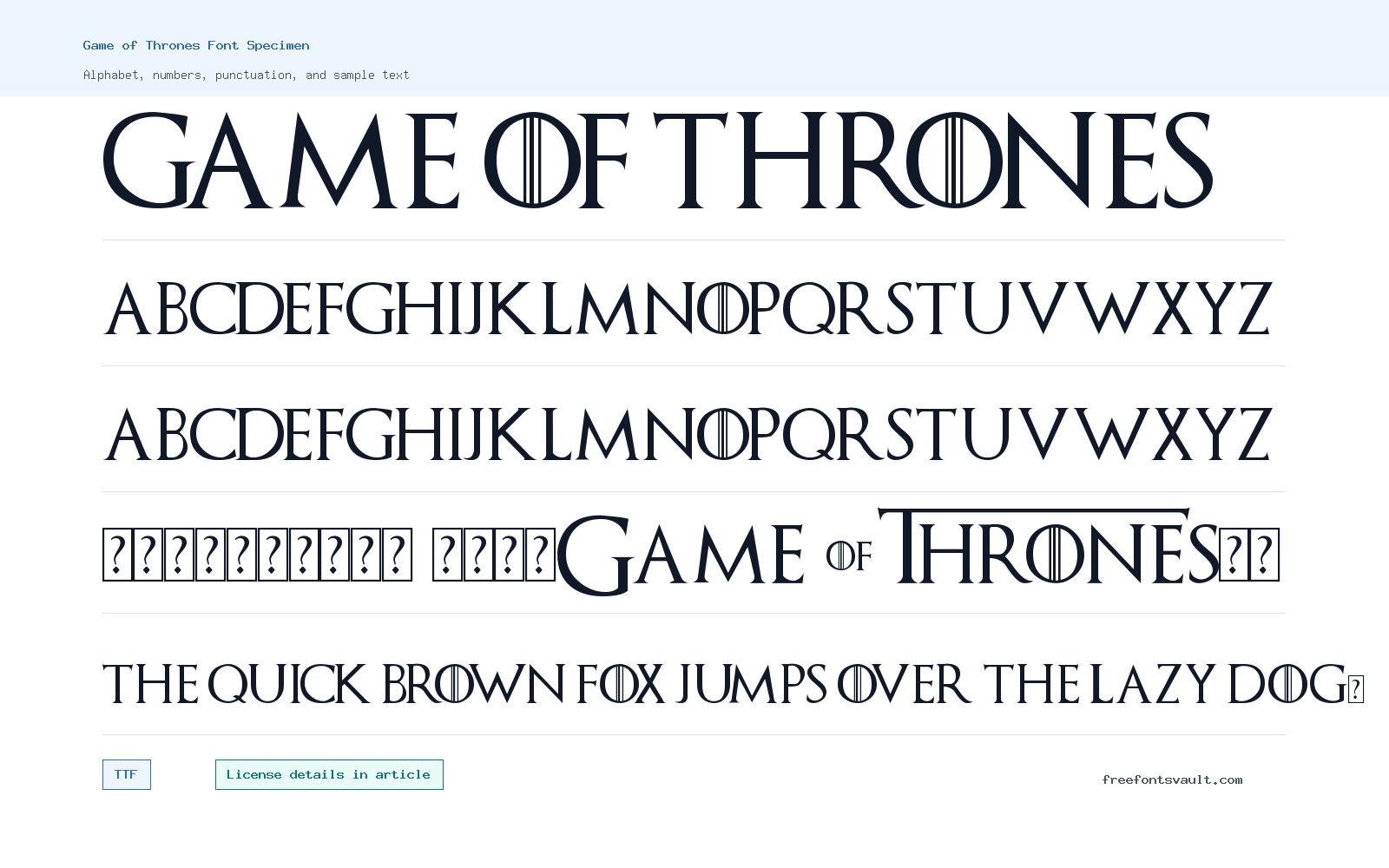 Game of Thrones font specimen showing alphabet, numbers, and sample text