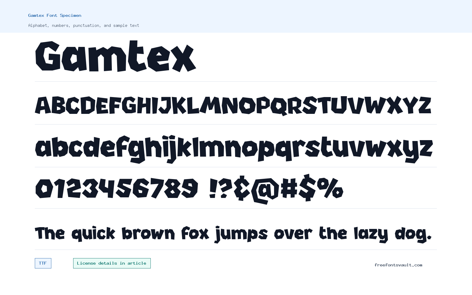 Gamtex font specimen showing alphabet, numbers, and sample text