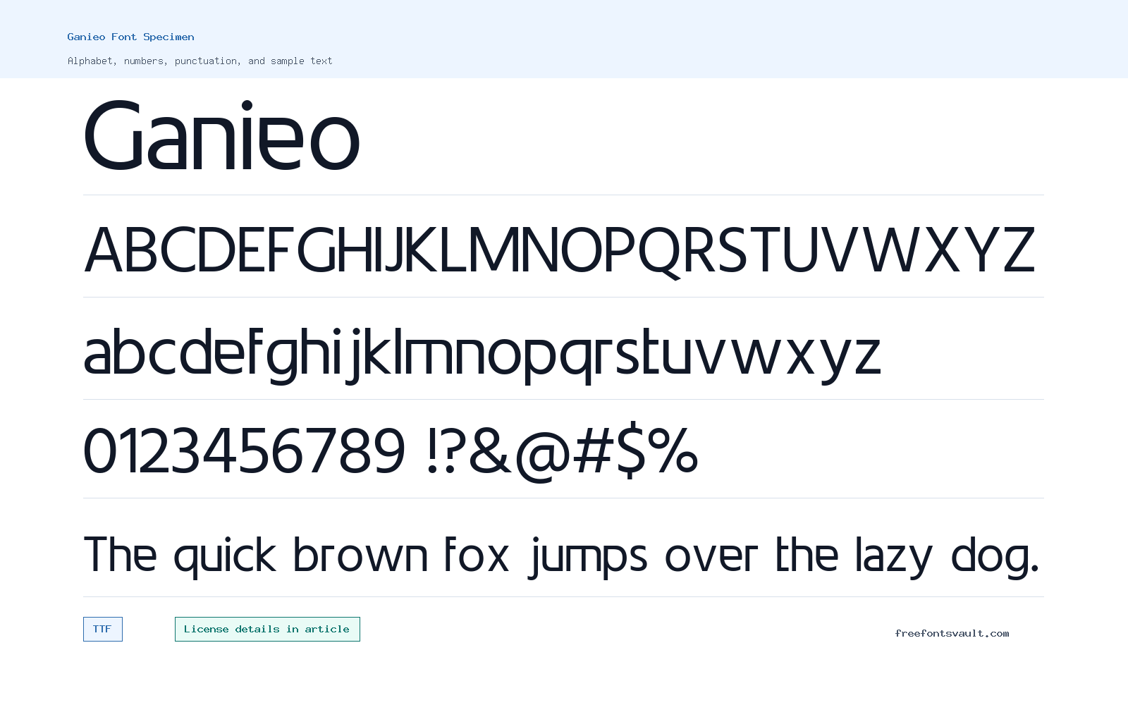 Ganieo font specimen showing alphabet, numbers, and sample text