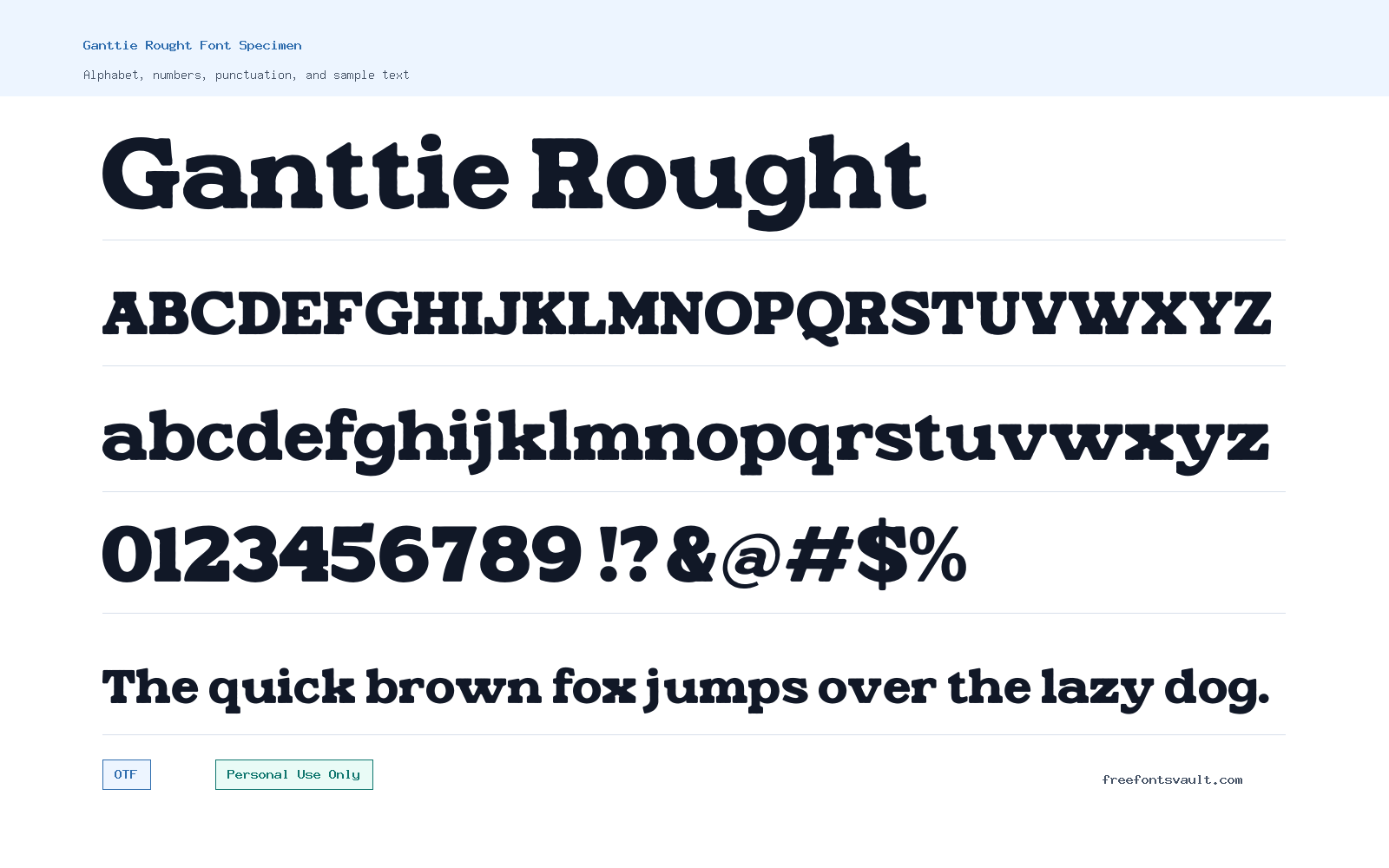 Ganttie Rought font specimen showing alphabet, numbers, and sample text