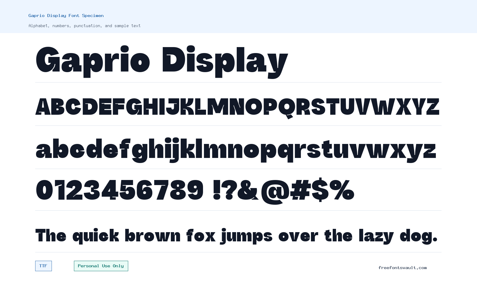 Gaprio Display font specimen showing alphabet, numbers, and sample text