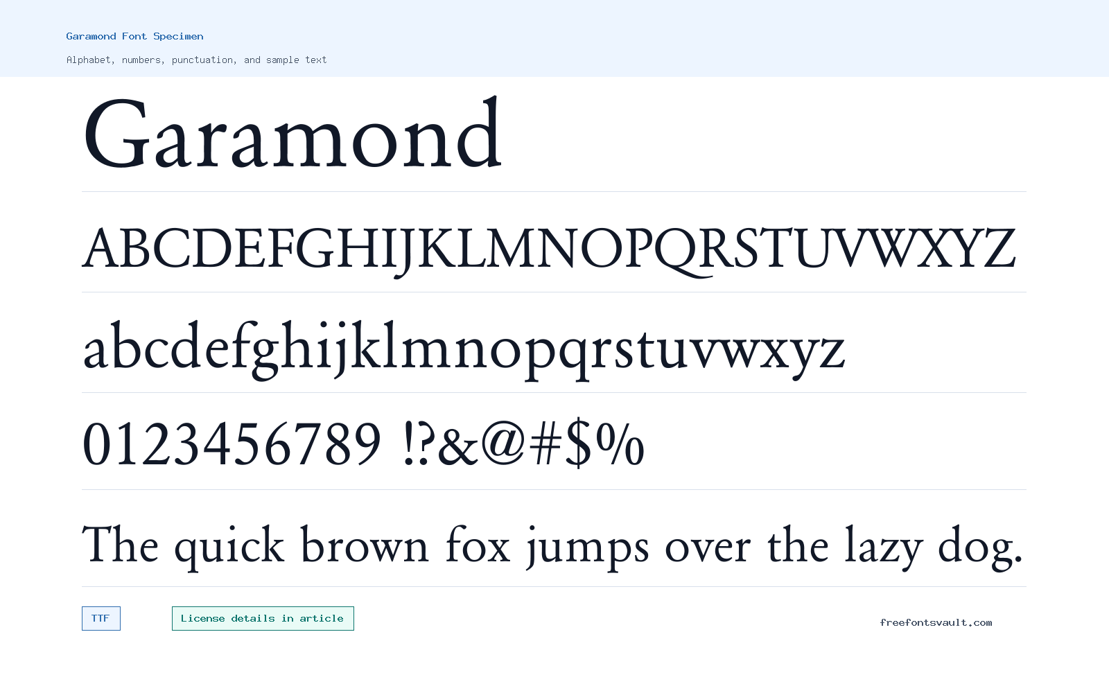 Garamond font specimen showing alphabet, numbers, and sample text