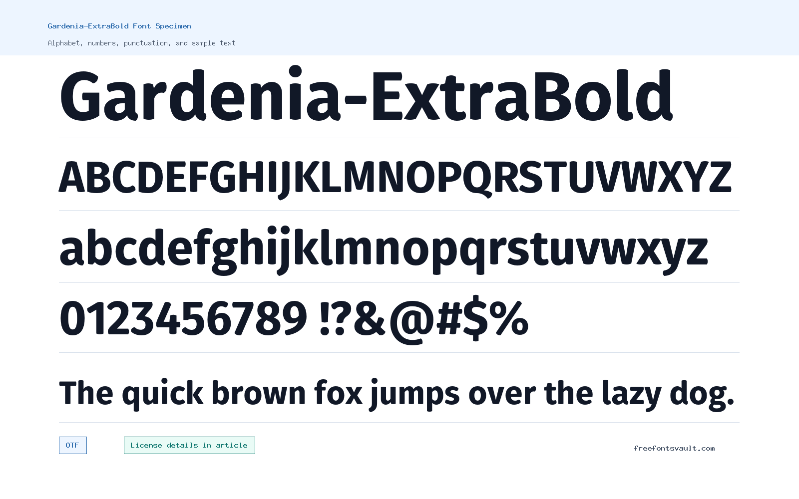 Gardenia-ExtraBold font specimen showing alphabet, numbers, and sample text