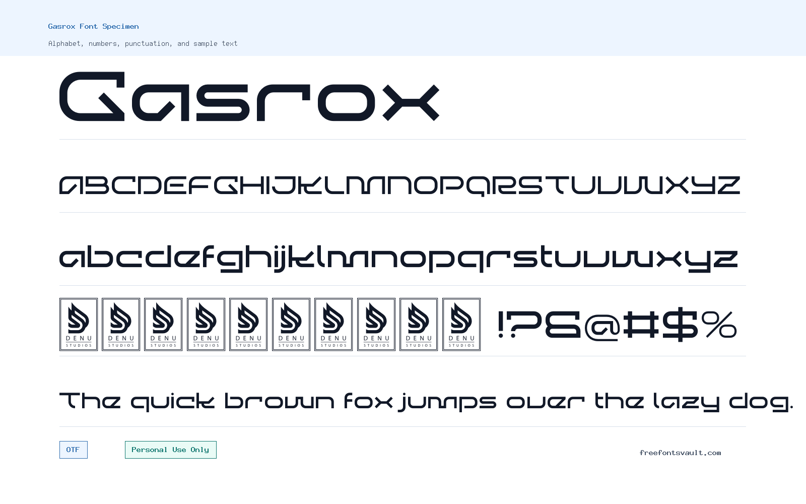 Gasrox font specimen showing alphabet, numbers, and sample text