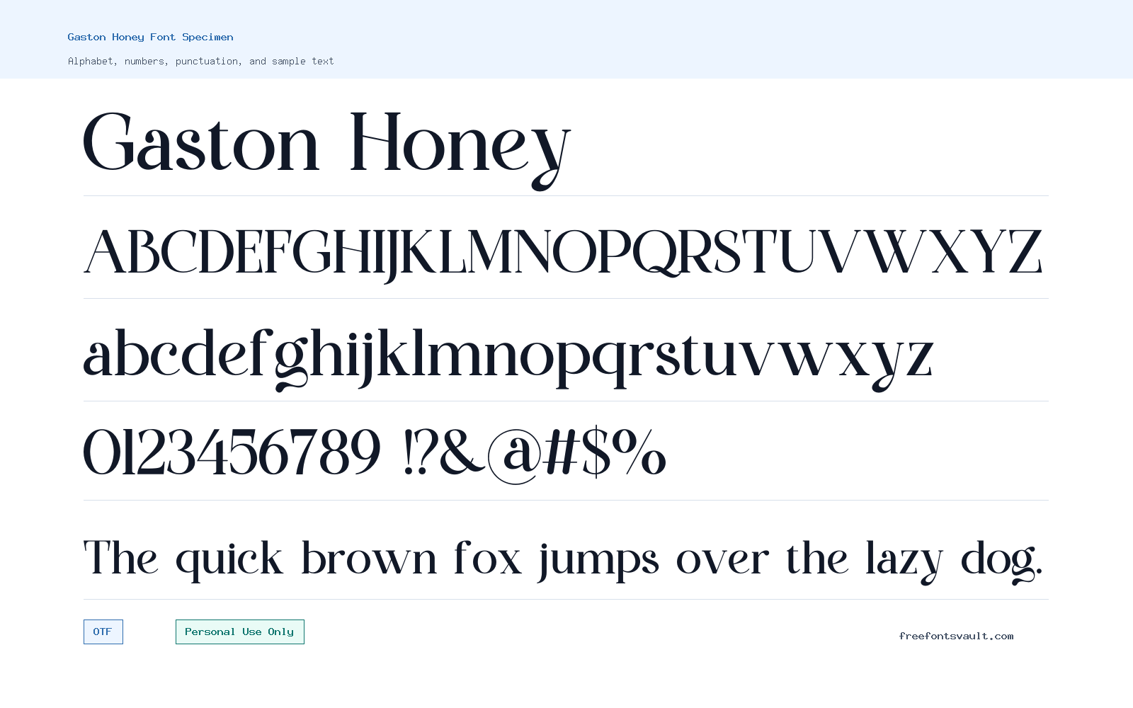 Gaston Honey font specimen showing alphabet, numbers, and sample text