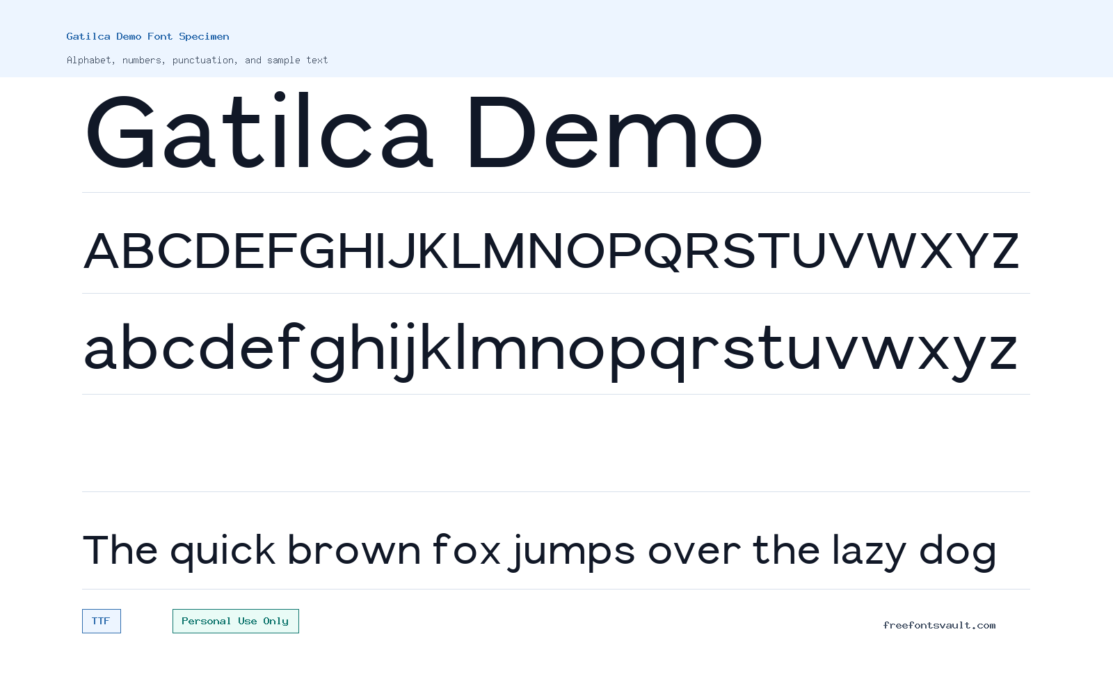 Gatilca Demo font specimen showing alphabet, numbers, and sample text