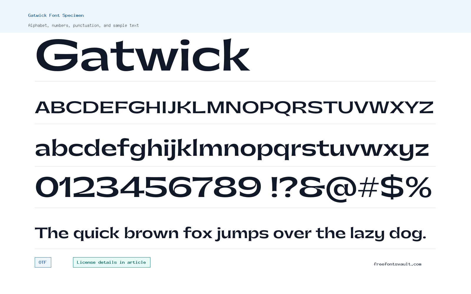 Gatwick font specimen showing alphabet, numbers, and sample text