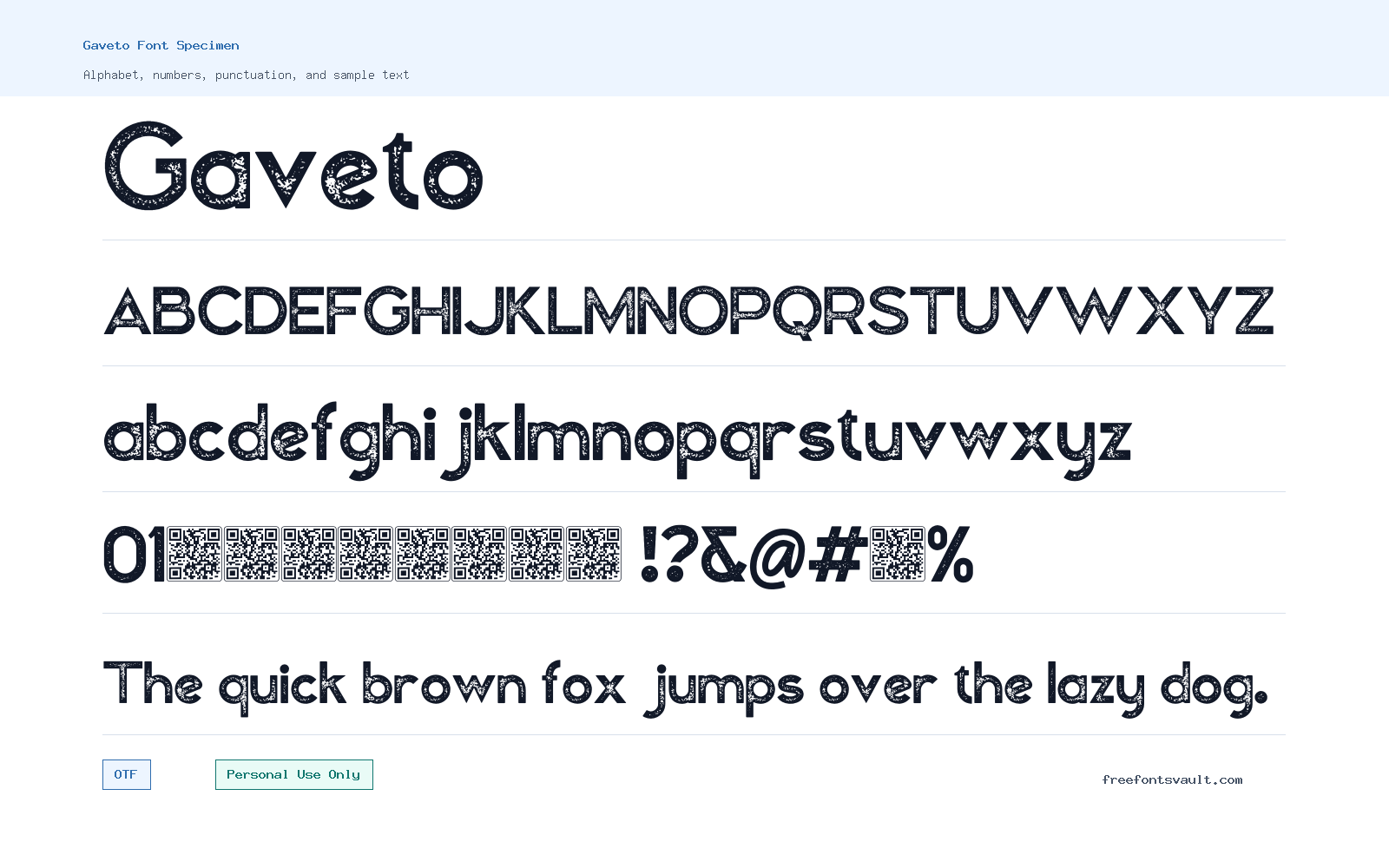 Gaveto font specimen showing alphabet, numbers, and sample text