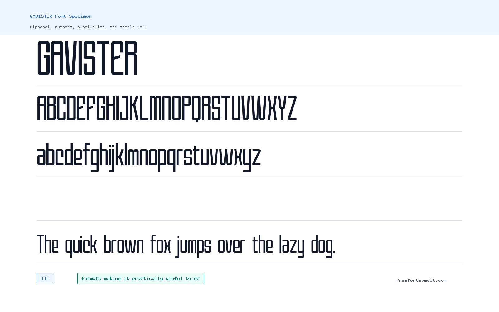 GAVISTER font specimen showing alphabet, numbers, and sample text