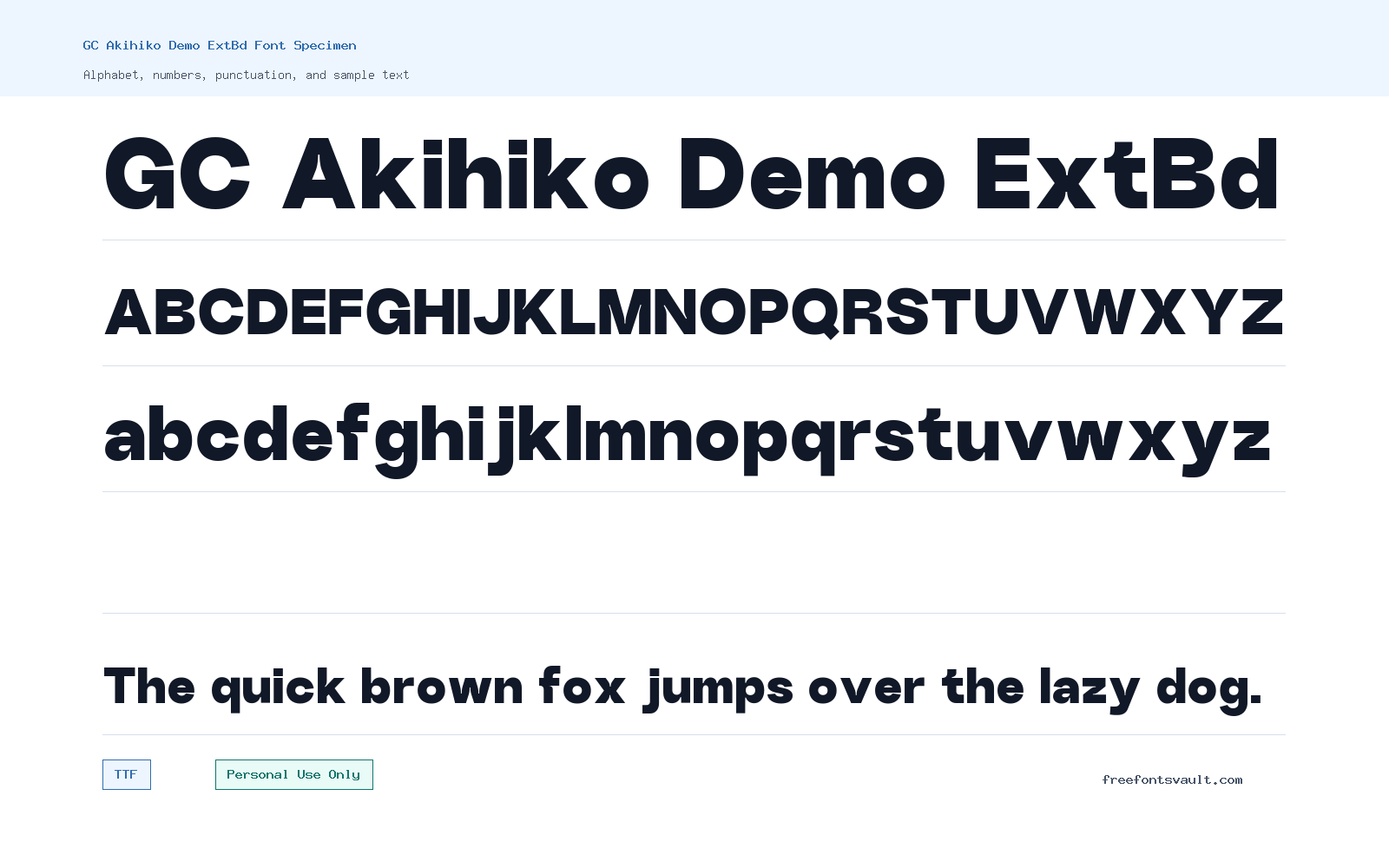 GC Akihiko Demo ExtBd font specimen showing alphabet, numbers, and sample text