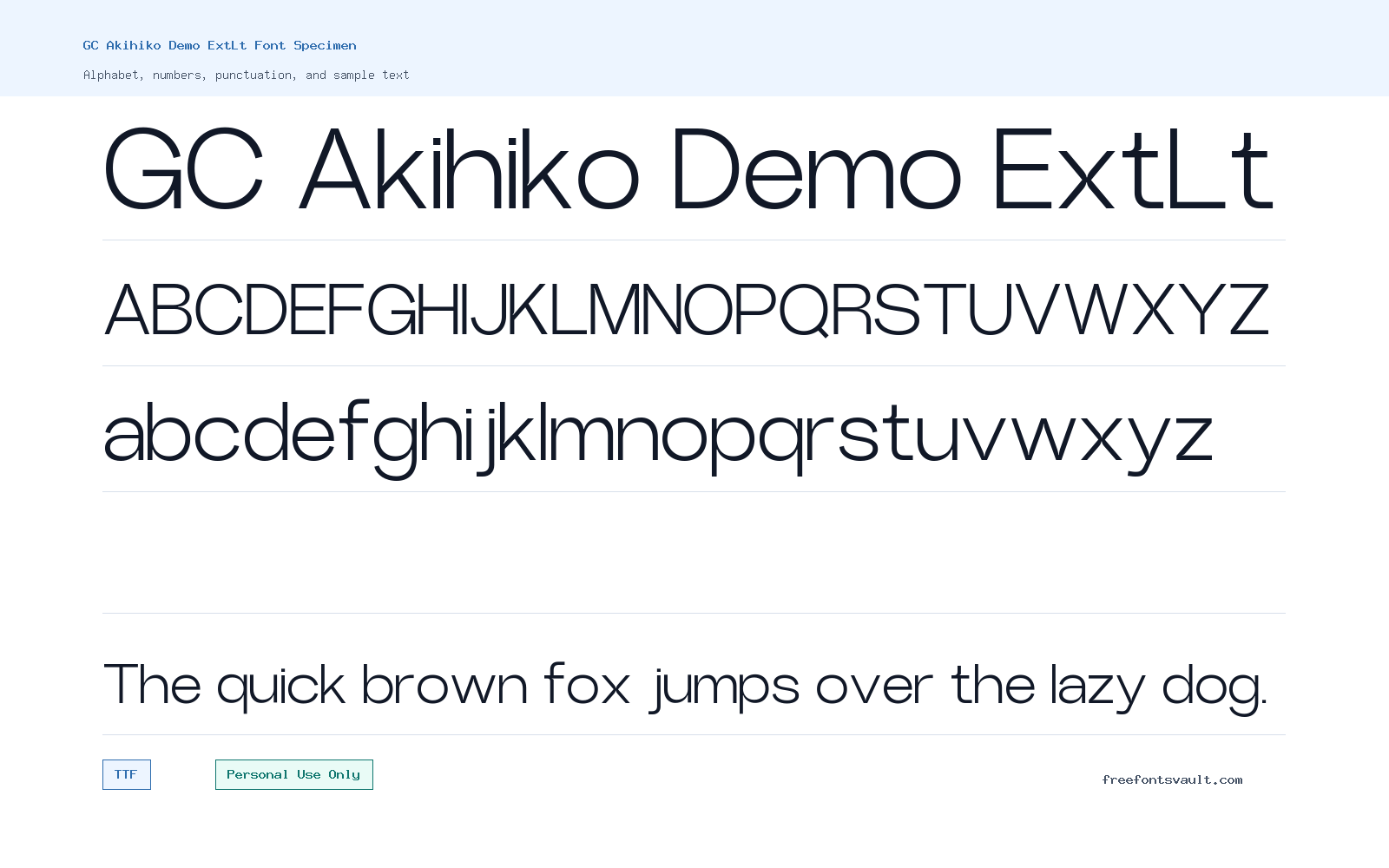 GC Akihiko Demo ExtLt font specimen showing alphabet, numbers, and sample text