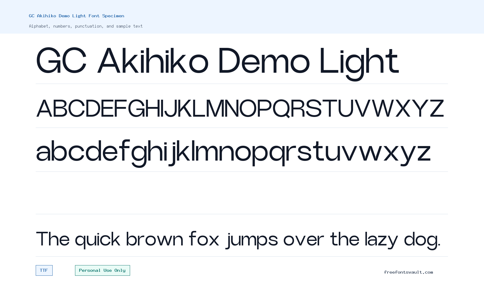 GC Akihiko Demo Light font specimen showing alphabet, numbers, and sample text