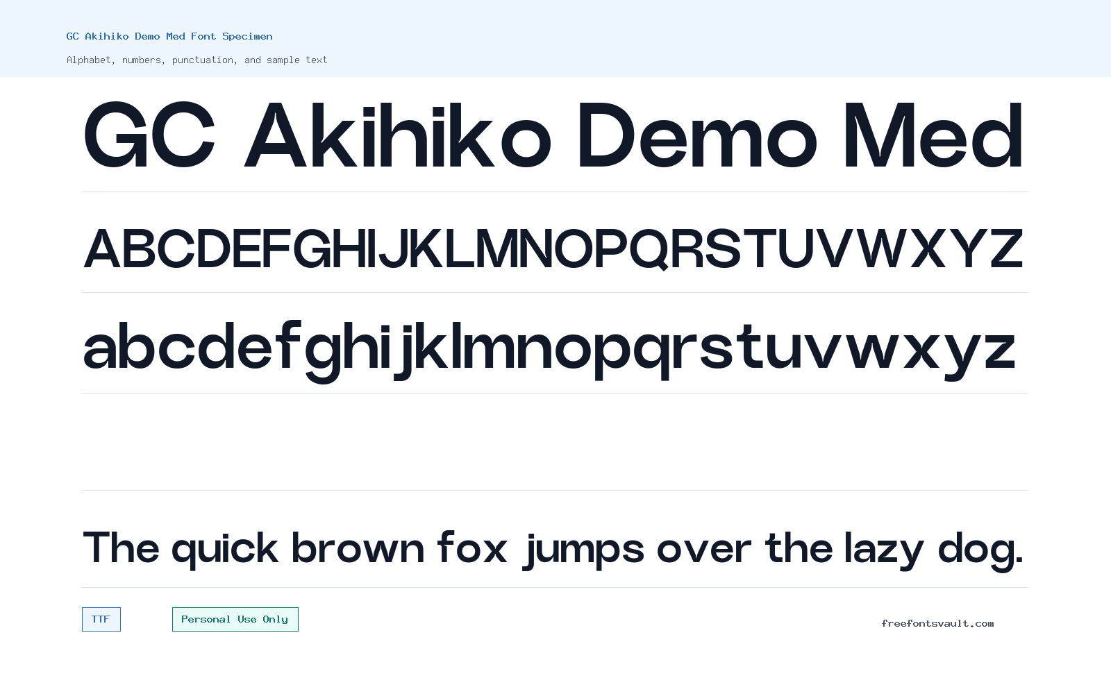 GC Akihiko Demo Med font specimen showing alphabet, numbers, and sample text