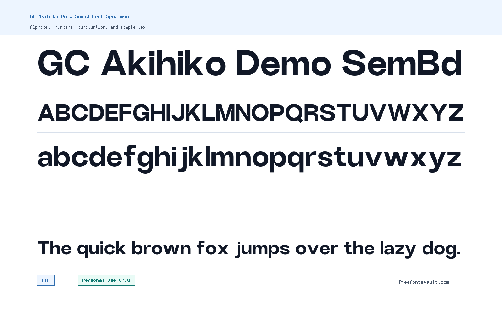 GC Akihiko Demo SemBd font specimen showing alphabet, numbers, and sample text