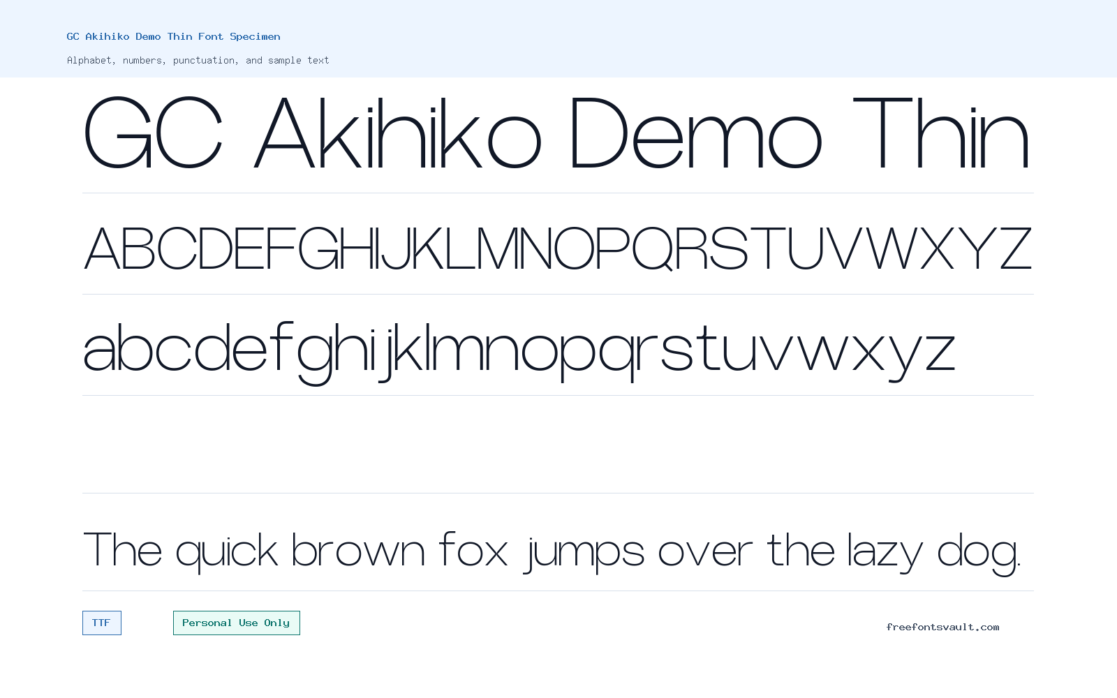 GC Akihiko Demo Thin font specimen showing alphabet, numbers, and sample text