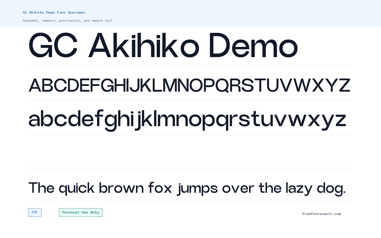 GC Akihiko Demo font specimen showing alphabet, numbers, and sample text
