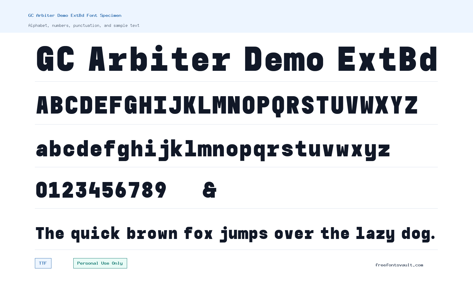 GC Arbiter Demo ExtBd font specimen showing alphabet, numbers, and sample text