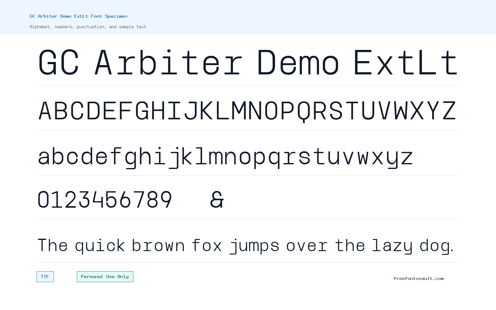 GC Arbiter Demo ExtLt font specimen showing alphabet, numbers, and sample text