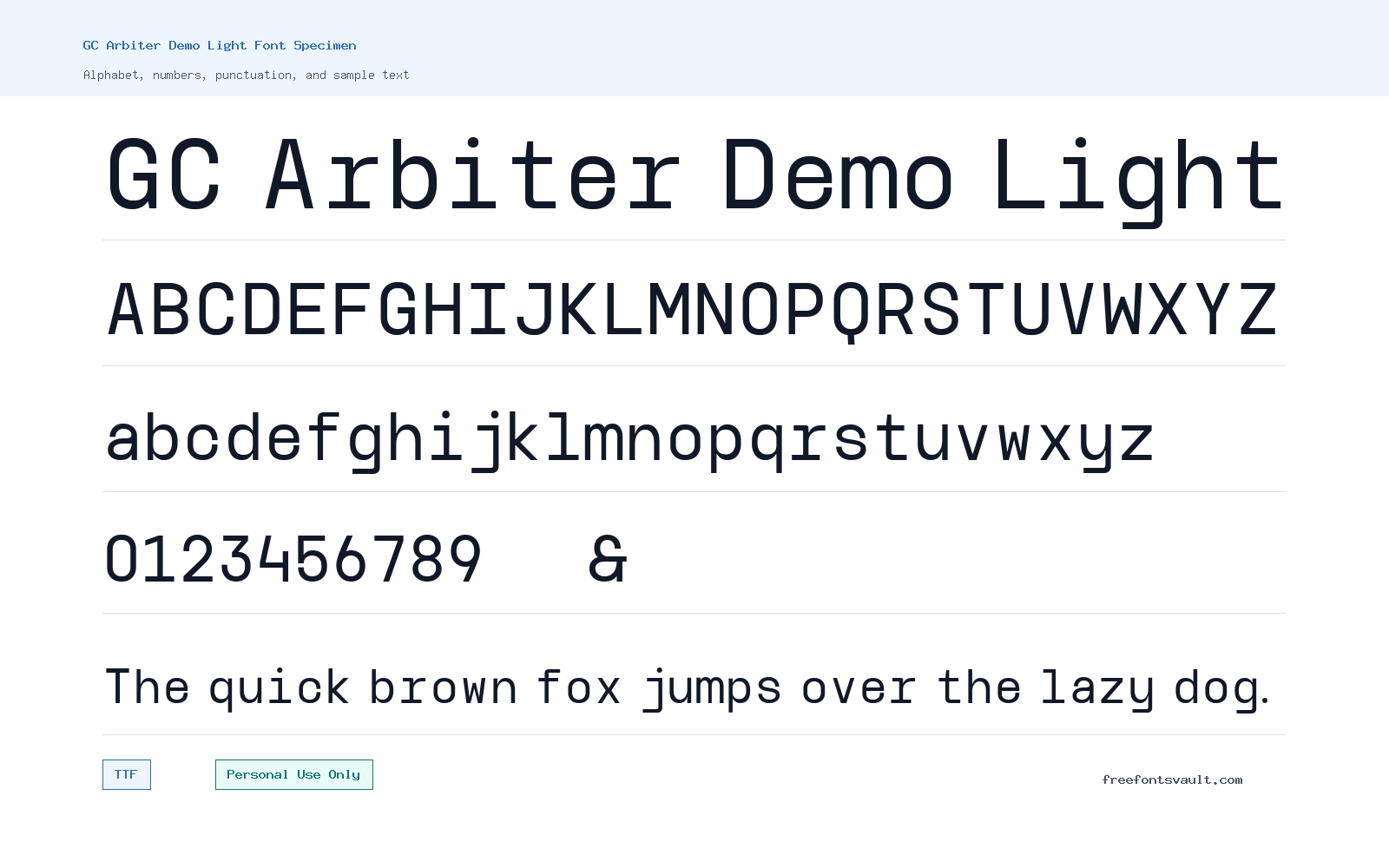 GC Arbiter Demo Light font specimen showing alphabet, numbers, and sample text