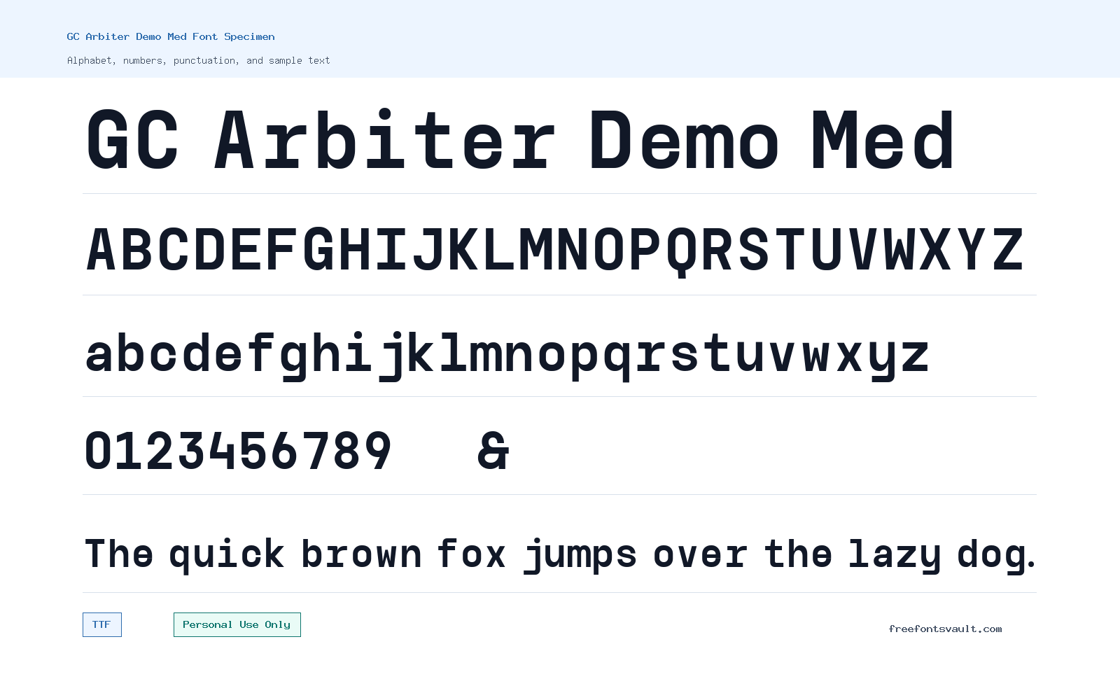 GC Arbiter Demo Med font specimen showing alphabet, numbers, and sample text