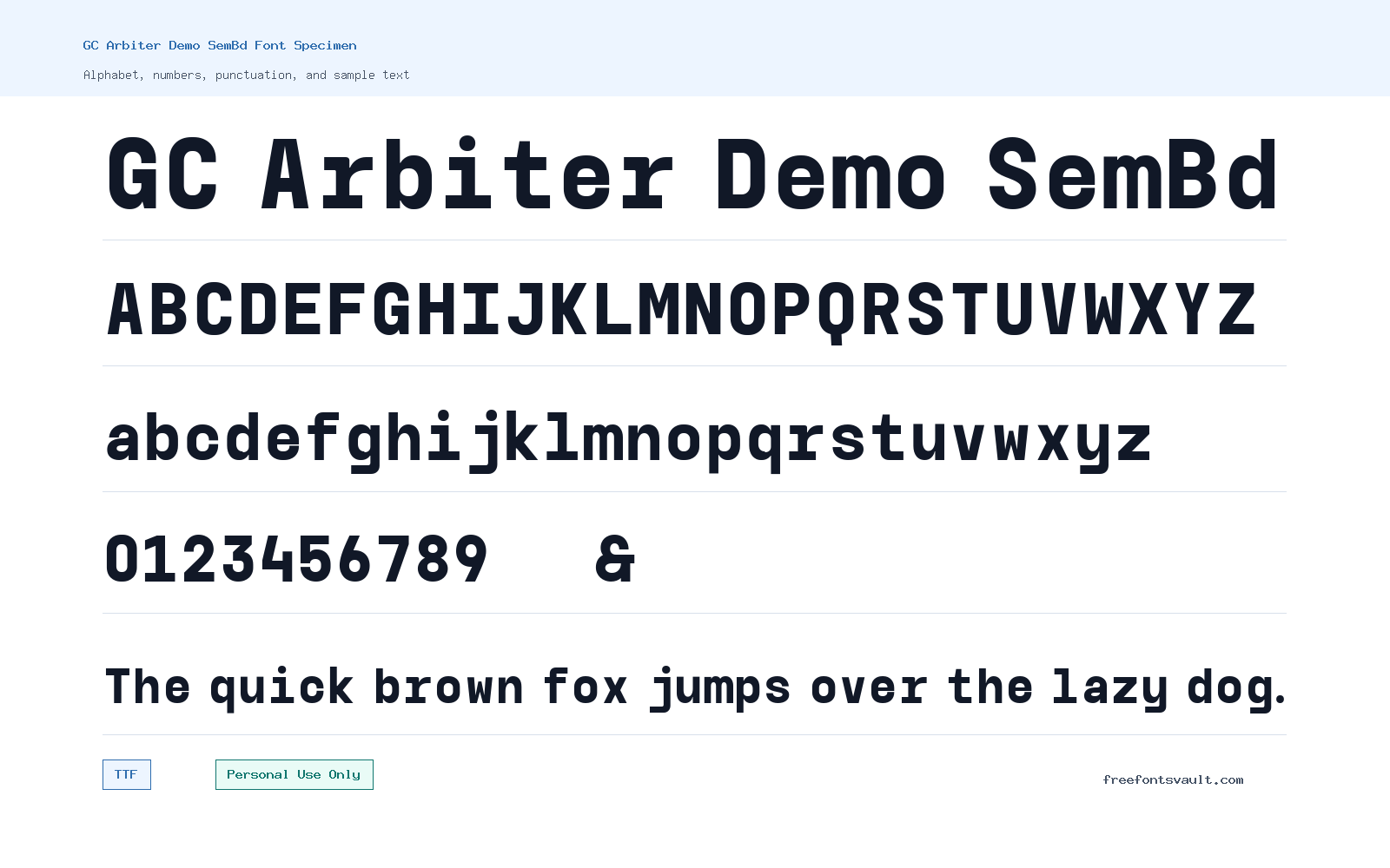 GC Arbiter Demo SemBd font specimen showing alphabet, numbers, and sample text