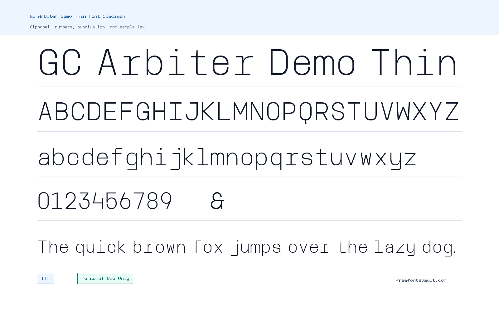 GC Arbiter Demo Thin font specimen showing alphabet, numbers, and sample text
