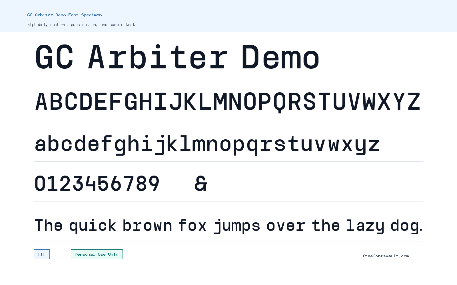 GC Arbiter Demo font specimen showing alphabet, numbers, and sample text