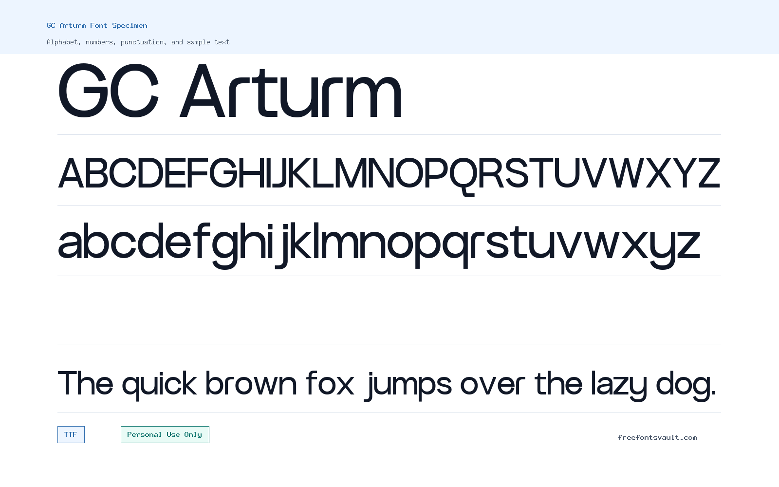 GC Arturm font specimen showing alphabet, numbers, and sample text