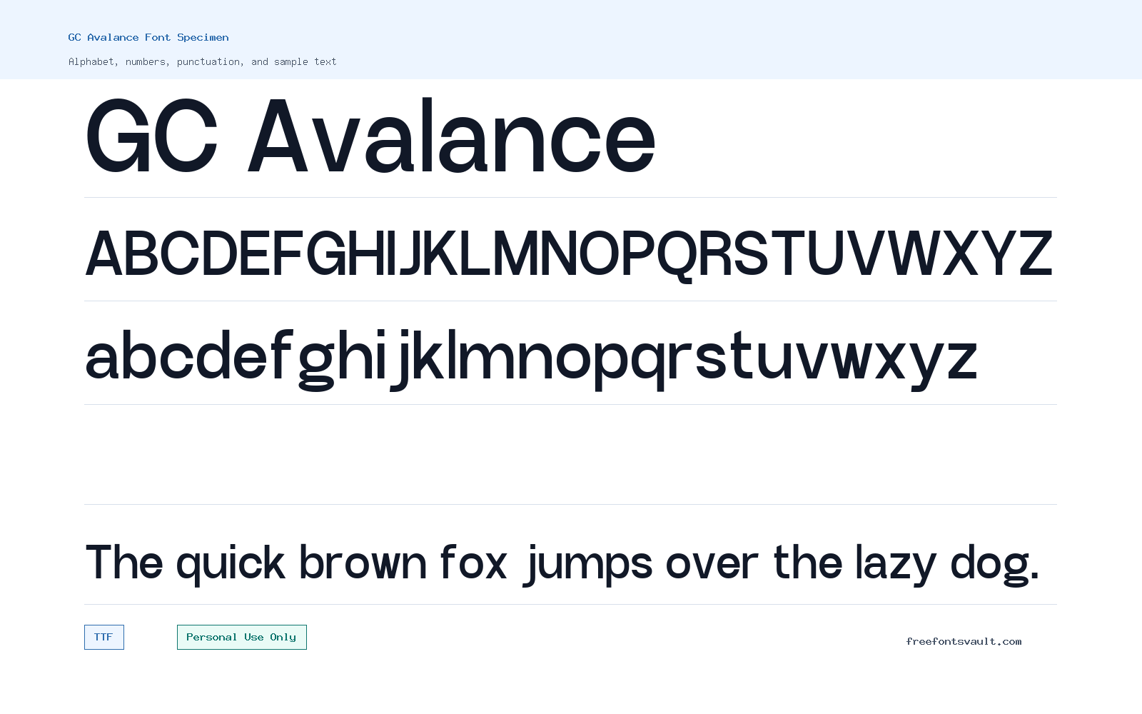 GC Avalance font specimen showing alphabet, numbers, and sample text