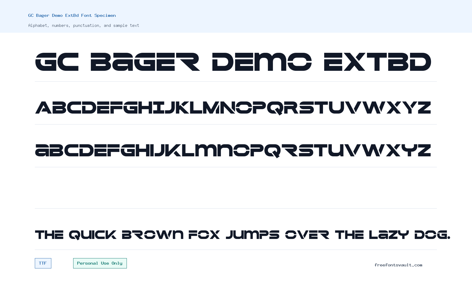GC Bager Demo ExtBd font specimen showing alphabet, numbers, and sample text