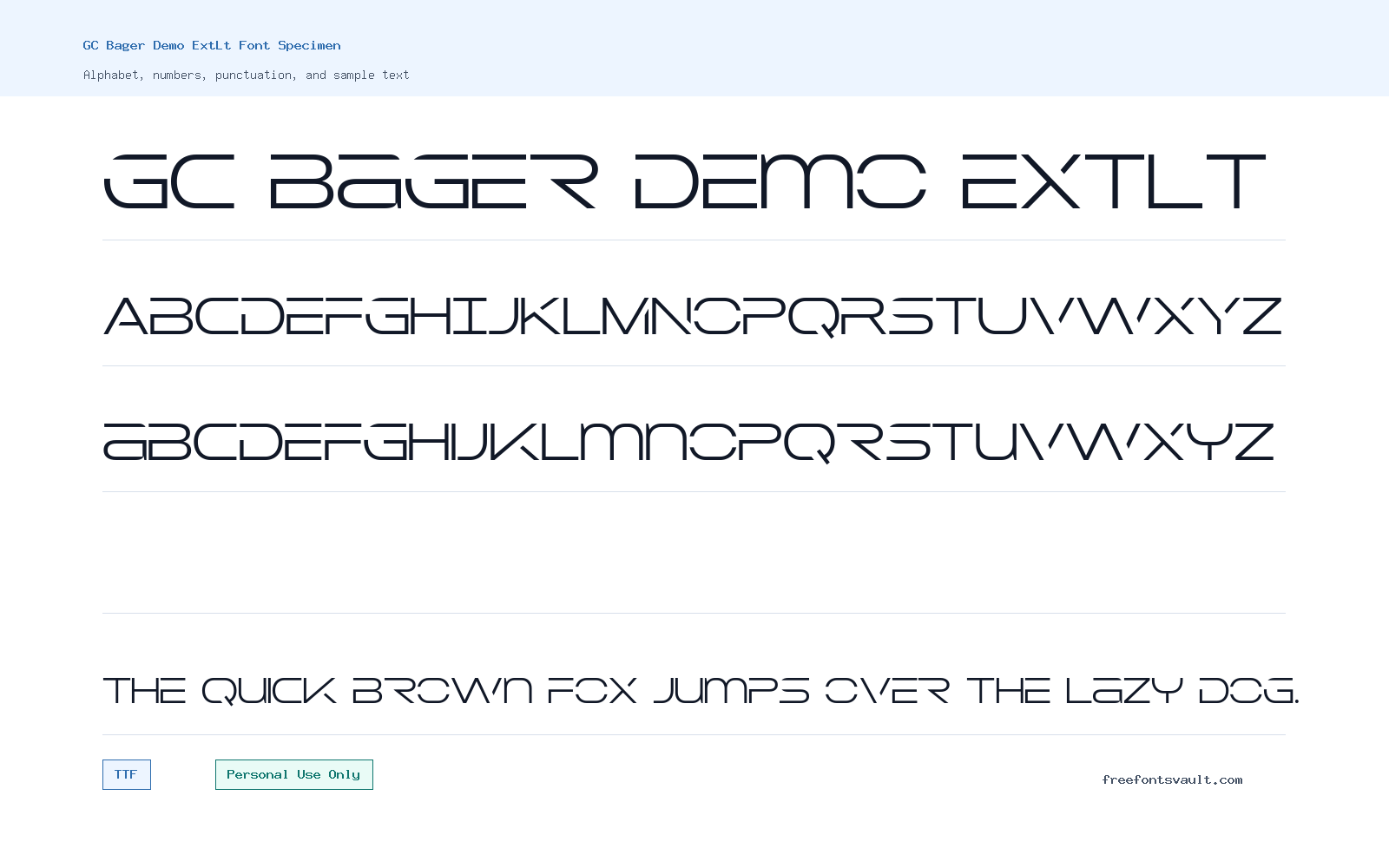 GC Bager Demo ExtLt font specimen showing alphabet, numbers, and sample text