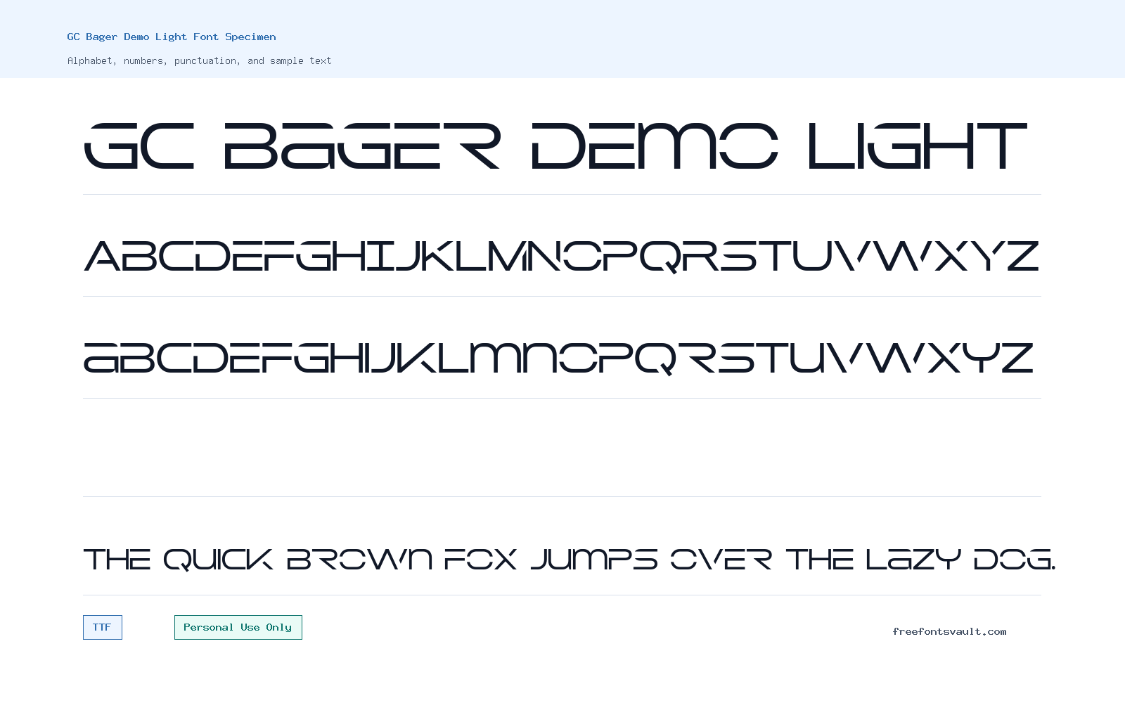 GC Bager Demo Light font specimen showing alphabet, numbers, and sample text