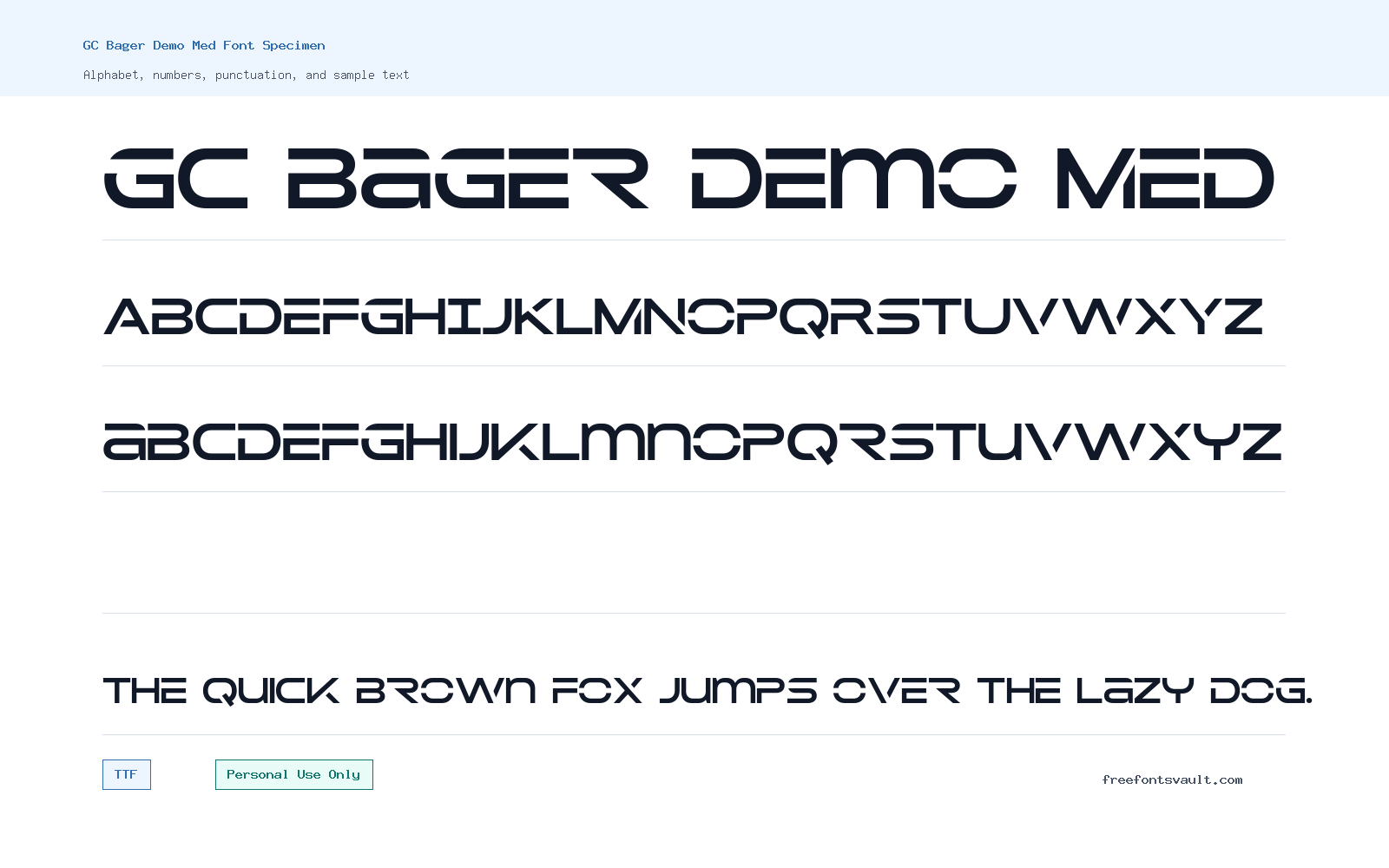 GC Bager Demo Med font specimen showing alphabet, numbers, and sample text