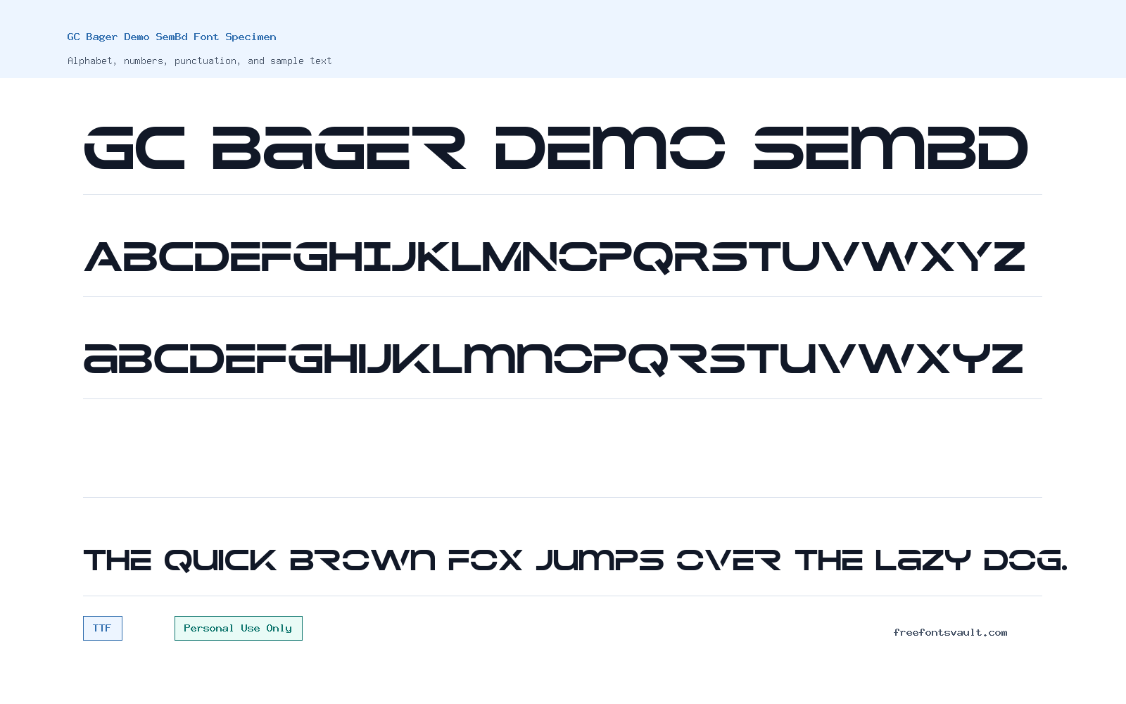 GC Bager Demo SemBd font specimen showing alphabet, numbers, and sample text