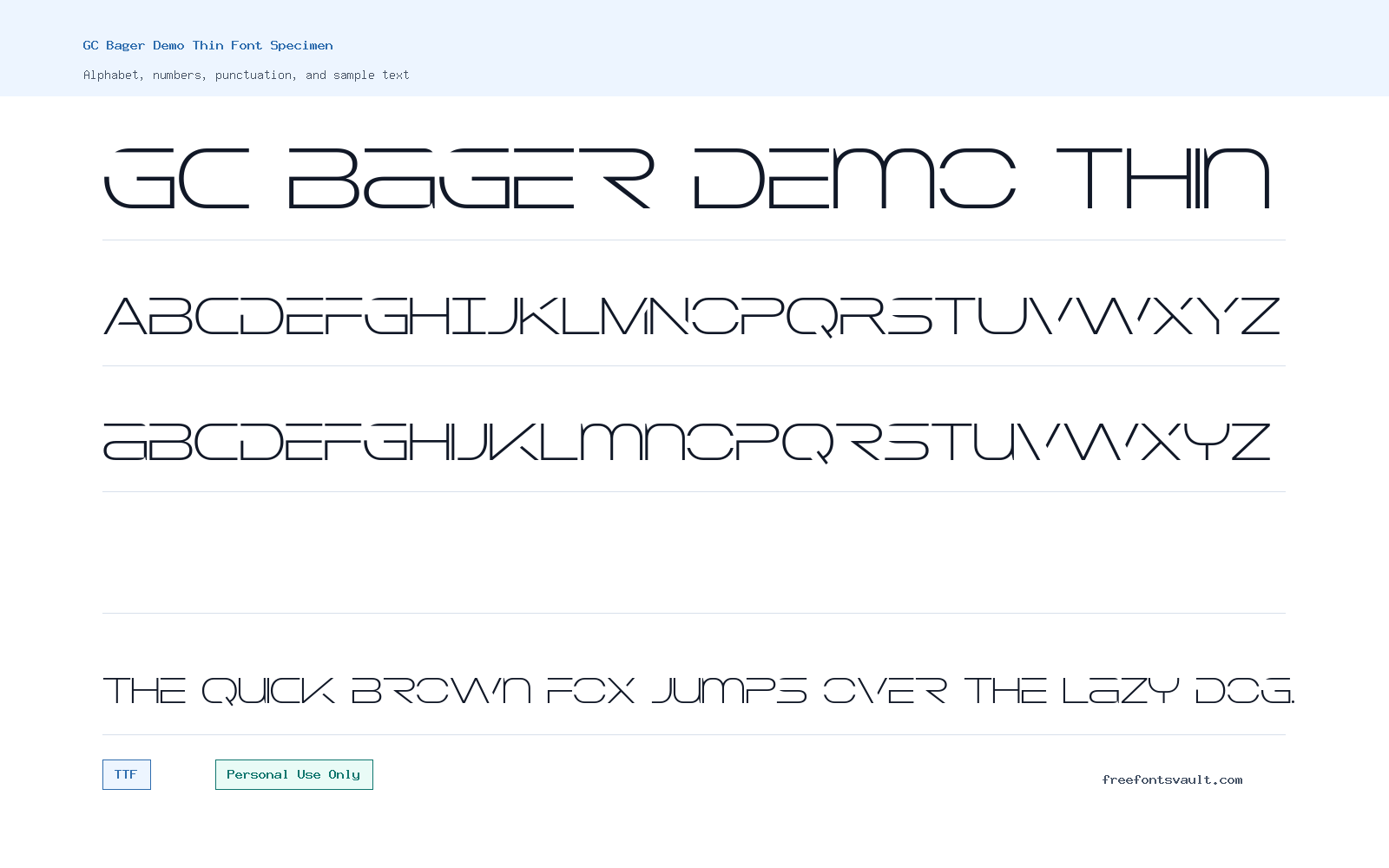 GC Bager Demo Thin font specimen showing alphabet, numbers, and sample text