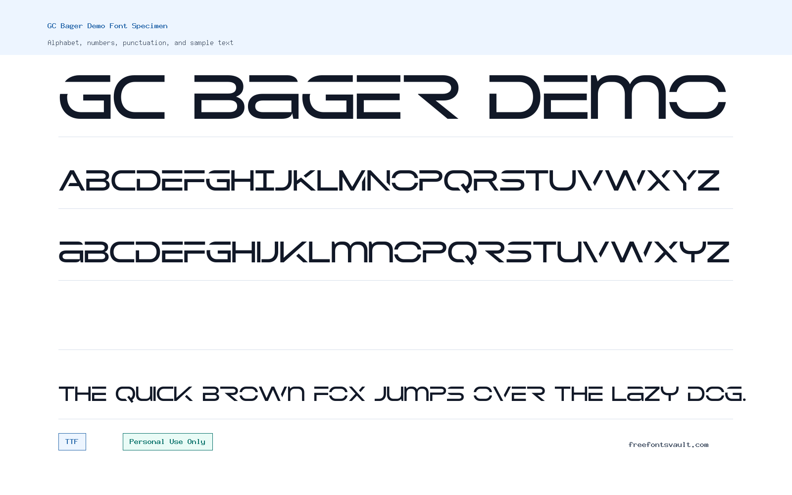 GC Bager Demo font specimen showing alphabet, numbers, and sample text