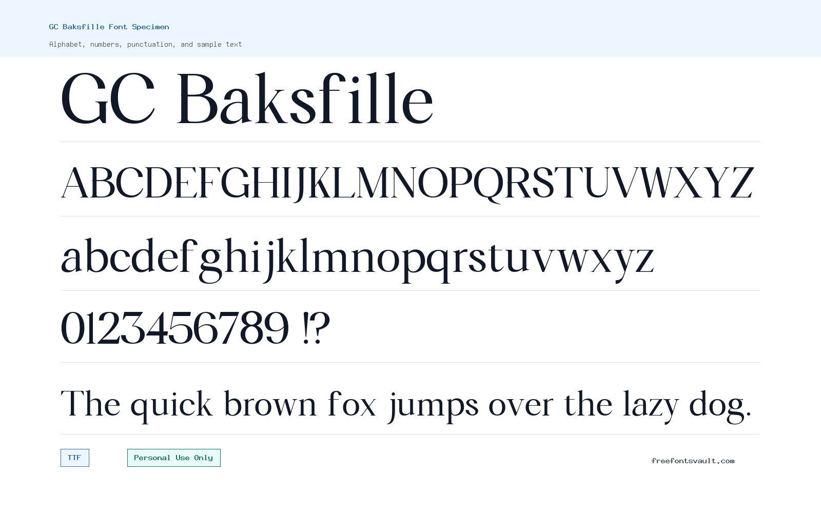 GC Baksfille font specimen showing alphabet, numbers, and sample text