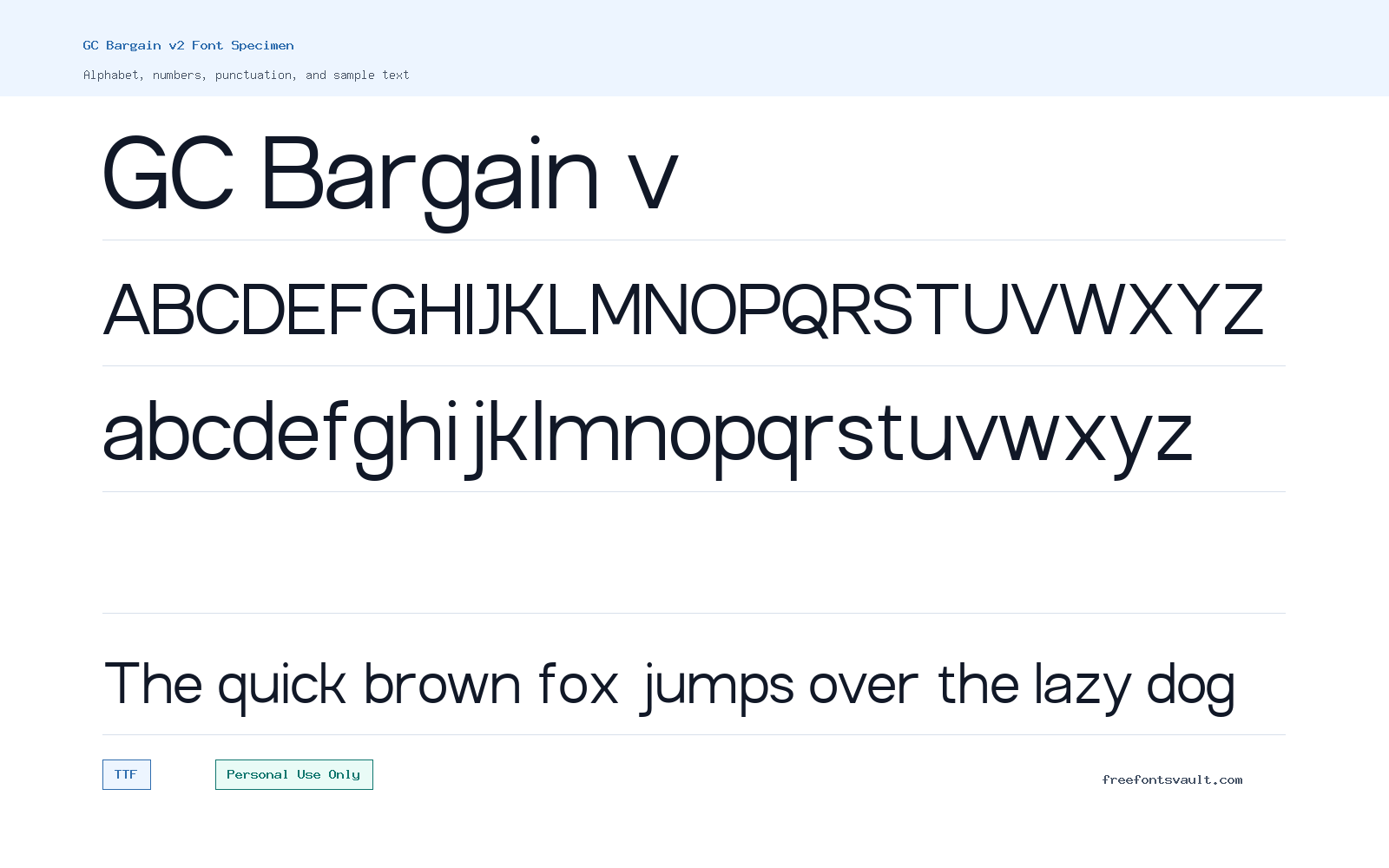 GC Bargain v2 font specimen showing alphabet, numbers, and sample text