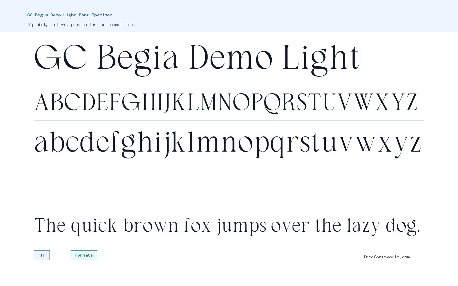 GC Begia Demo Light font specimen showing alphabet, numbers, and sample text