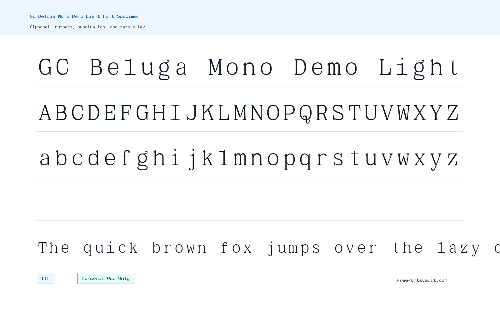 GC Beluga Mono Demo Light font specimen showing alphabet, numbers, and sample text