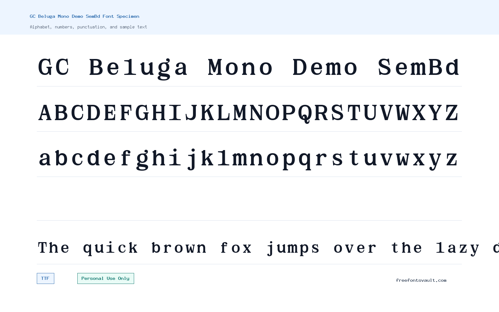 GC Beluga Mono Demo SemBd font specimen showing alphabet, numbers, and sample text