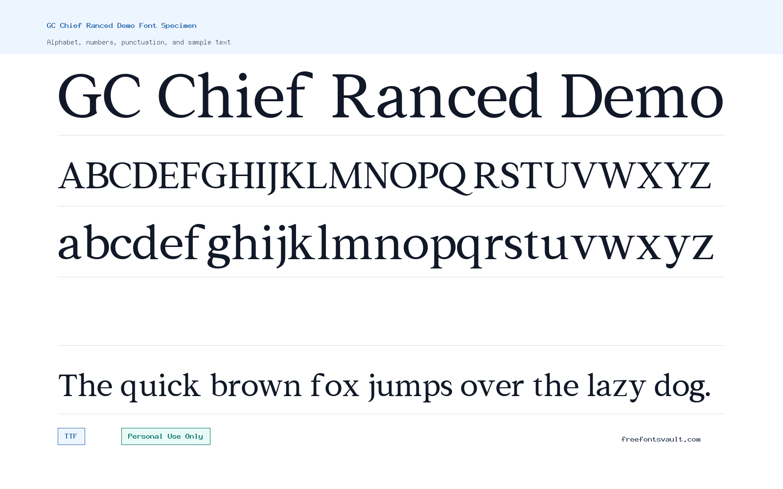 GC Chief Ranced Demo font specimen showing alphabet, numbers, and sample text