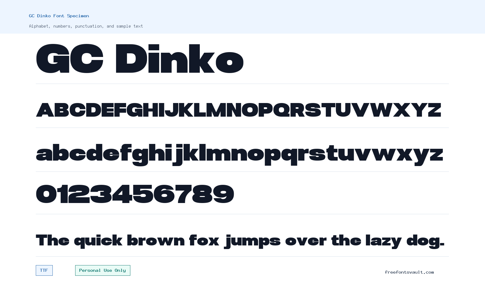 GC Dinko font specimen showing alphabet, numbers, and sample text
